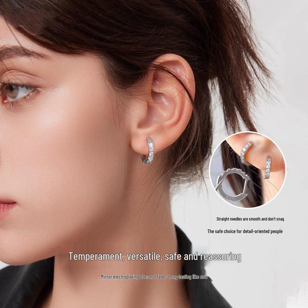 European F136 Titanium D-Shape Zircon Inlaid Earrings for Ear Piercing