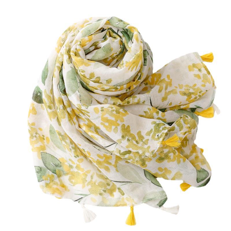 Bali Yarn Cotton-Linen Scarf: Fresh Solid Color, Fruit Green & Bright Yellow Leaf Print with Tassel Detail