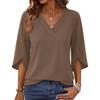 Women V Neck Loose Fit Pullover Top Three Quarter Sleeve Fashion Casual Blouse Lightweight Comfortable Fabric