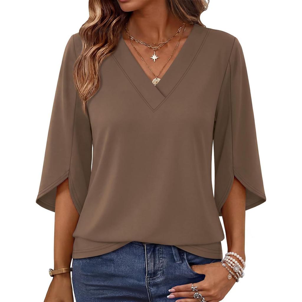 Women V Neck Loose Fit Pullover Top Three Quarter Sleeve Fashion Casual Blouse Lightweight Comfortable Fabric