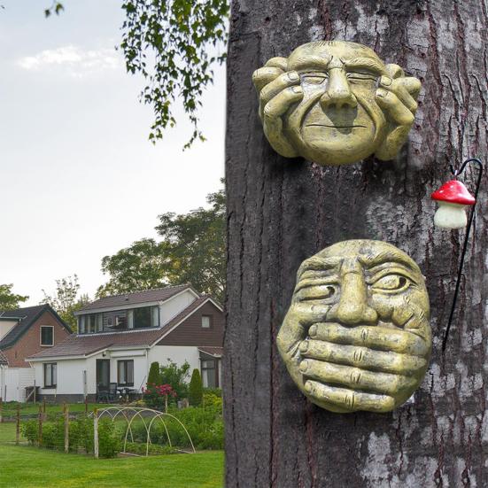 Funny Tree Face Outdoor No Hear No See No Speak Face Statue Garden Tree Hugger Yard Art Decorations for Home Wall Fences Door