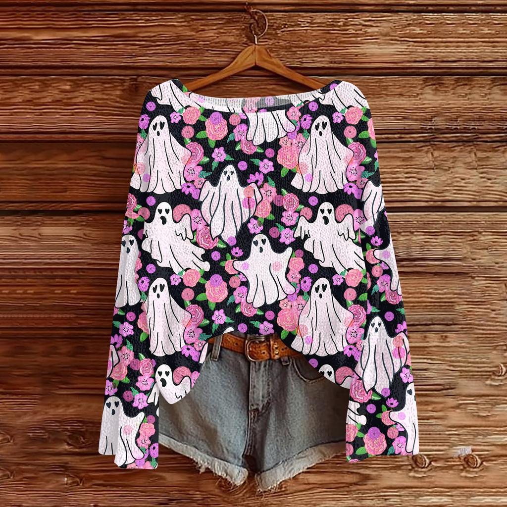 Womens  Fall Sweaters Long Sleeve Print Tops Pullover Sweaters Loose Dressy Casual Basic Clothes