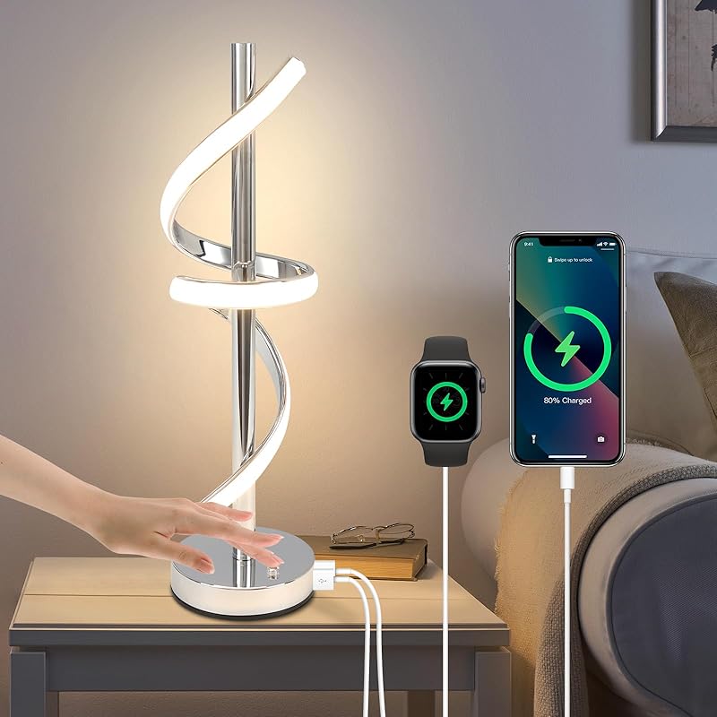 LED Modern Table Lamp, Dimmable Spiral LED Table Lamp, 3 Colors Touch Control LED Bedside Lamp, Silver Unique Cool Lamps for Home Decor, Modern