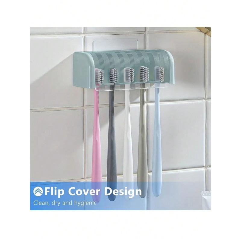 A 5-Tooth Brush Holder With Cover, Self-Adhesive Wall Toothbrush Storage Holder, Plastic Bathroom Supplies For Dorm Rooms And Showers