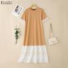 ZANZEA Women Summer Lace Splice Casual Round Neck Short Sleeve Dress