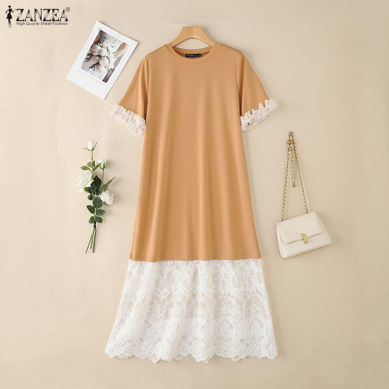 ZANZEA Women Summer Lace Splice Casual Round Neck Short Sleeve Dress