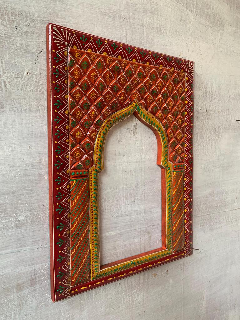 Hand-Painted Wooden Jharokha Frame: Indian Mehrab Wall Decor