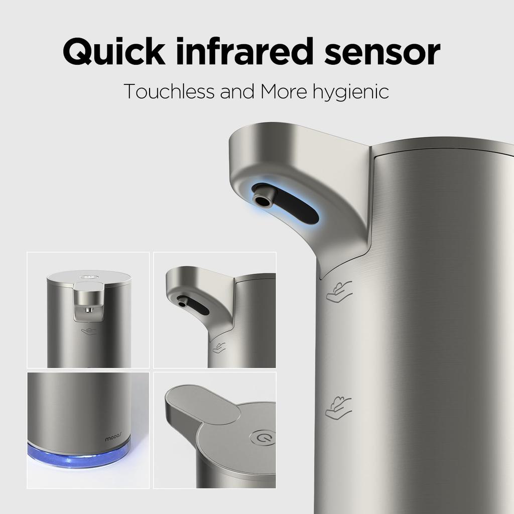 mooas Automatic Foaming Soap Dispenser - Pure & Clean Touchless Hand Soap Dispenser, Stainless Steel, USB Rechargeable, Hands-Free Dish Soap Dispenser
