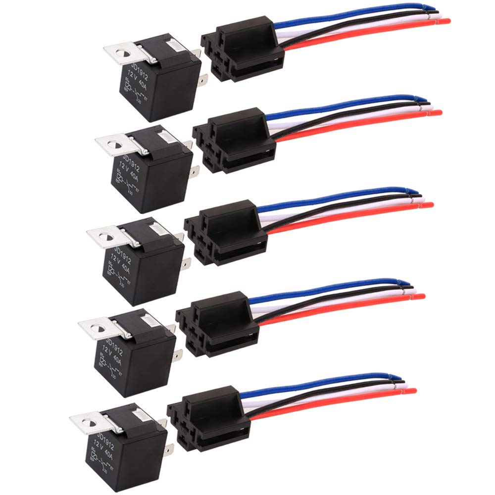 Kiligen 5pcs JD1912 4 Pole Relay Car DC12V 40A 12AWG with Harness Car Relay