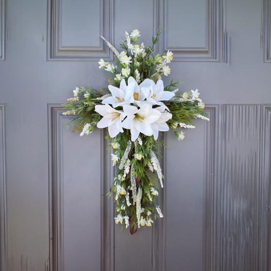 Yousheng Artificial Lily Wreath for Door Wall Faux Floral Hanging Decor for Home Garden Church Rustic Religious Ornament for Spring Easter