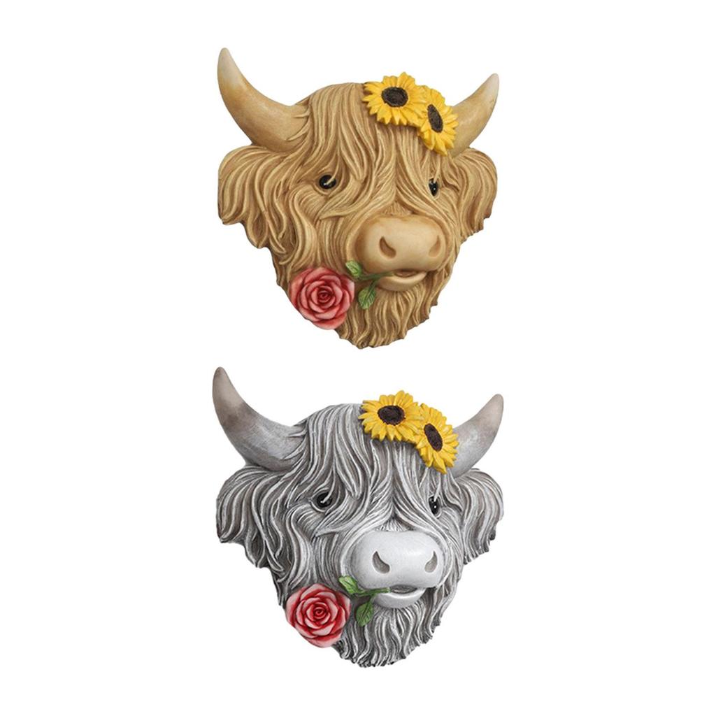 Highland Cow Head Wall Decor Wall Sculpture Lifelike Collectible Resin Wall Art Decor Ornament for Garden Kitchen Outdoor