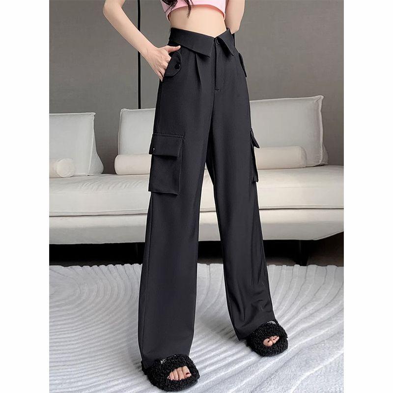 

Рабочие повседневные брюки для женщин на лето Новые ретро с высокой талией, стройнящие, прямые, до пола XL чёрный