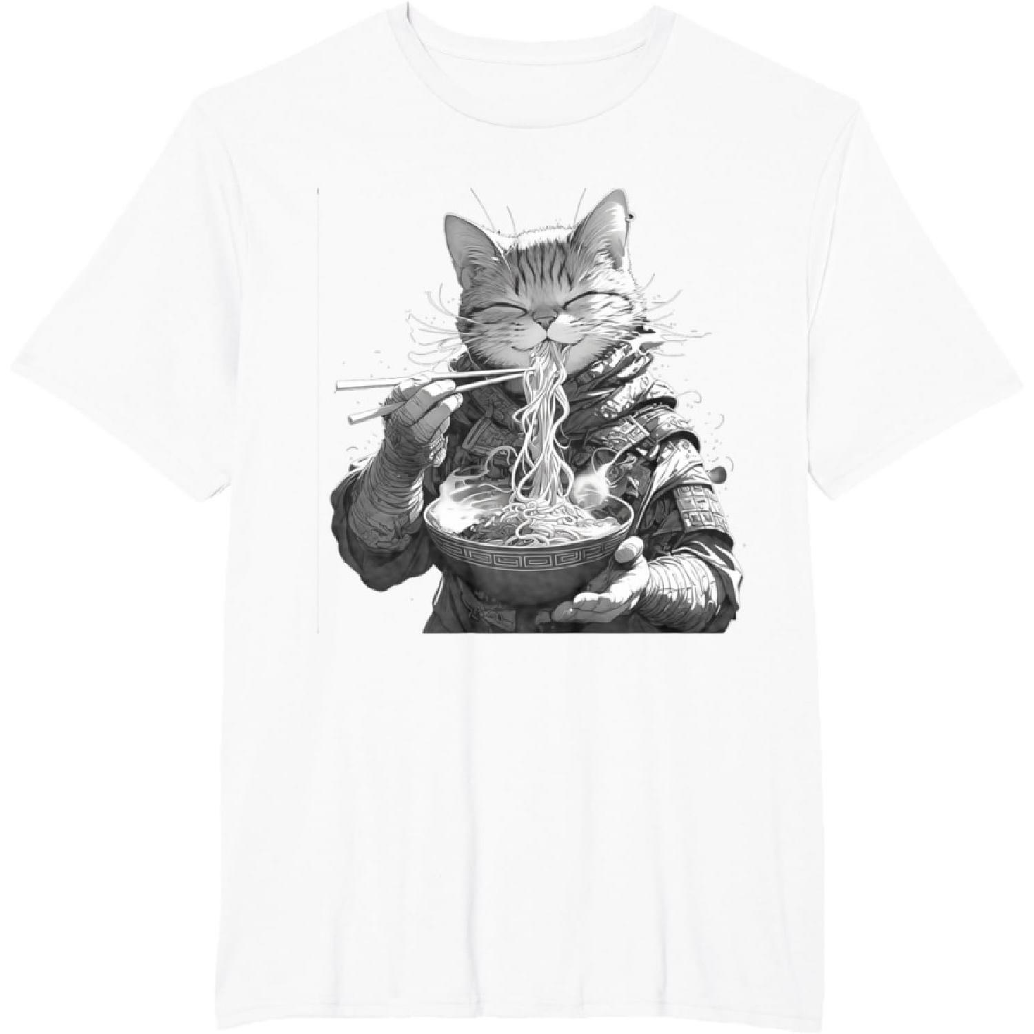 SHAAMOU Japanese Art Ramen Cat Ninja Ukiyo-e Anime Style Samurai Cat T-Shirt (White, 5X-Large) S