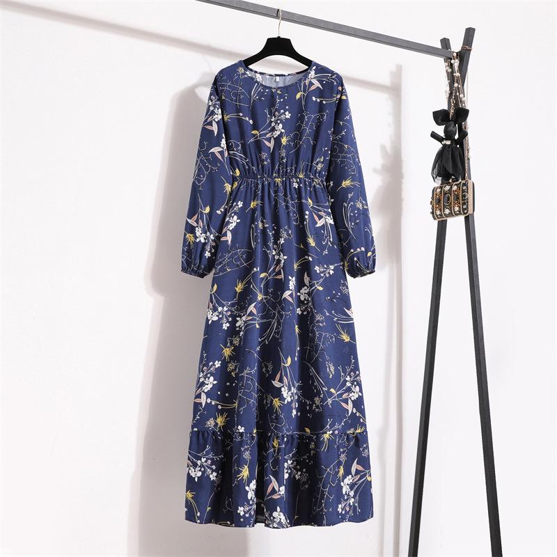 Women's Spring Floral Chiffon Long Sleeve Dress - Slim Waist, Long Skirt