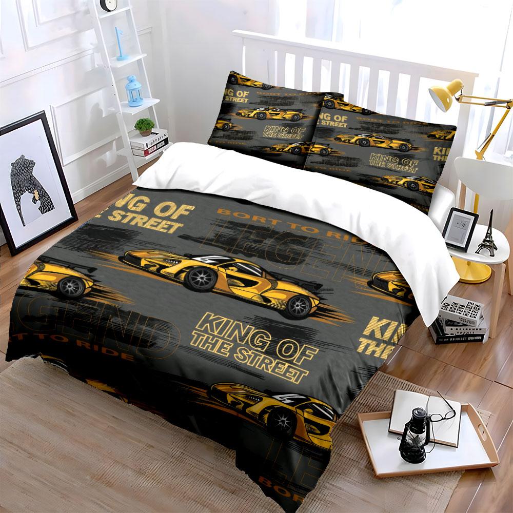 Golden Racing Car Streetwear Design kid's and adults' bedroom decor, Exquisite three-piece bedding set gift