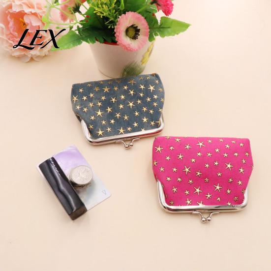 Washed Denim Wallet Golden Star Coin Purse, Women Change Kiss Lock Purse Closure Pouch for Folded Cash Coins Cards Mini Makeup