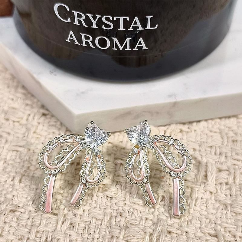 Heart-Shaped Zircon Bow Ear Studs with Silver Needle - Cute, Luxurious Earrings
