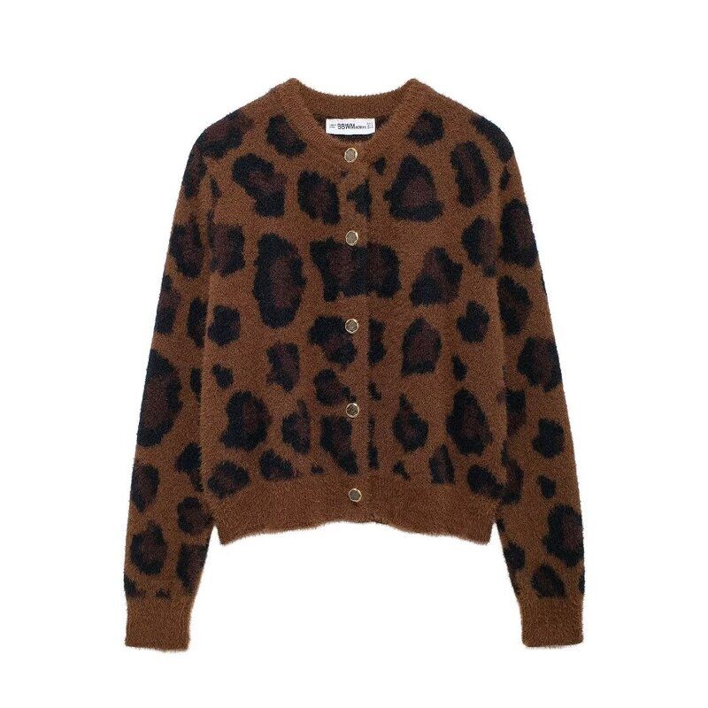 

Fashion Wind Winter Female Cardigan Sweater Animal Pattern Jacquard Artificial Fur Effect Knitting Outwear 9598377 Brown S