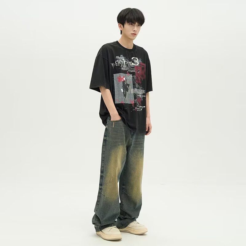 JYL Mens Jeans Hong Kong Style  Letter Print Hip-hop High Street Denim