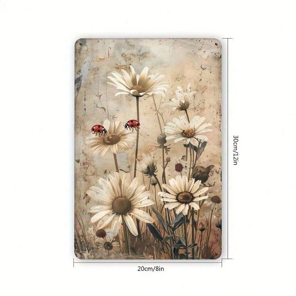 Vintage Rusty Metal Wall Art Daisy Ladybug Decor for Home Cafe
