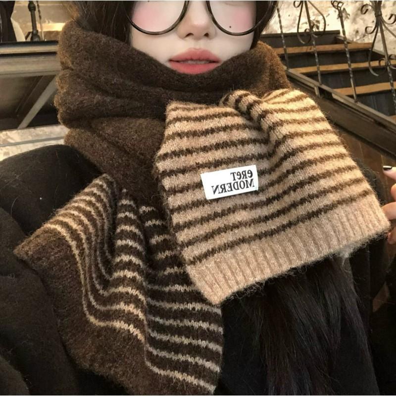 Korean Style Striped Knit Wool Blend Scarf Women Winter Warm Thick Neck Wrap