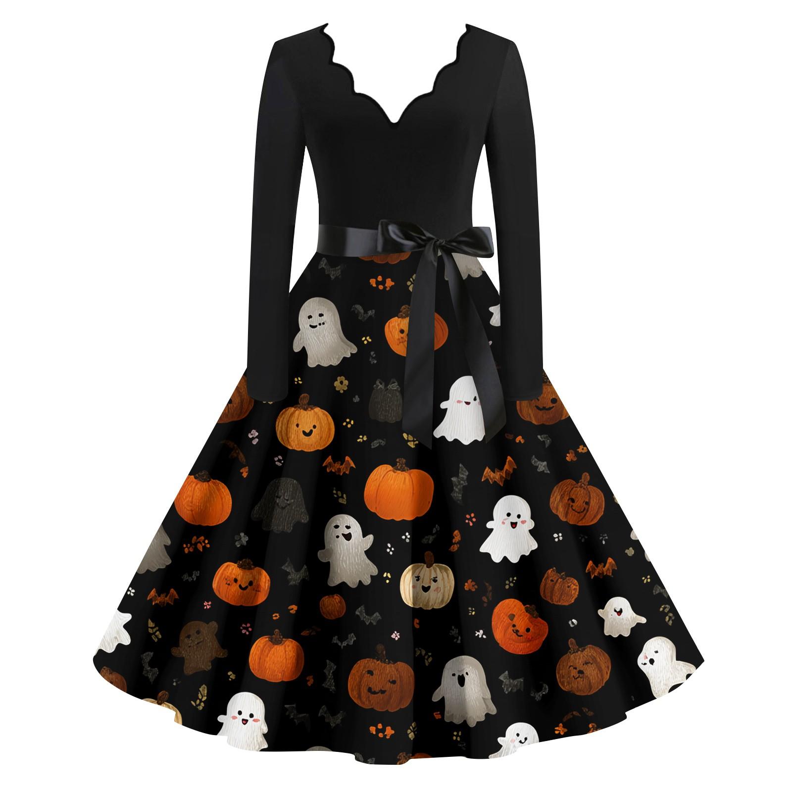 

Женские модные платья с волнистым краем, V-образным вырезом, повседневные, облегающие, с принтом на Хэллоуин, с длинным рукавом XL чёрный