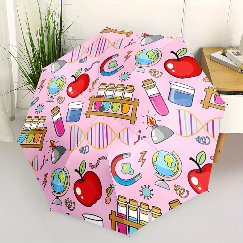 Automatic Folding Umbrella Science-themed illustrations on a pink background. Portable collapsible design, casual outdoor acce