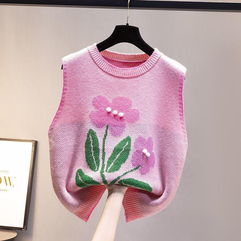 Round Neck Knitted Vest Embroidered Flowers Splicing Color Design Women's Knitted Pullover Sweater Loose Casual Top Autumn