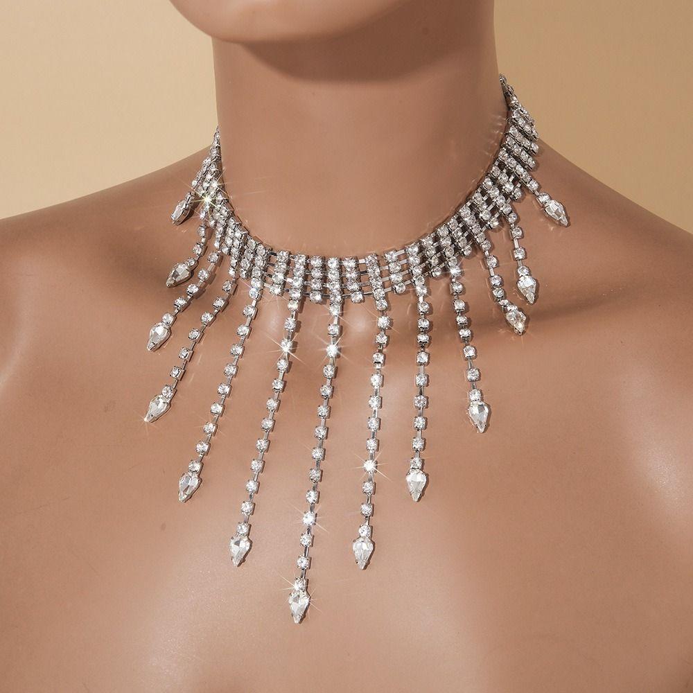 Geometric Full Rhinestone Necklaces Sparkling Wedding Bride Jewelry Cute Tassel Necklaces  Wedding