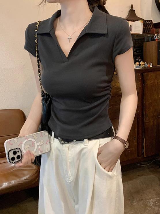 Spicy Girl Slimming Irregular Pleated Cropped Polo T-shirt for Women