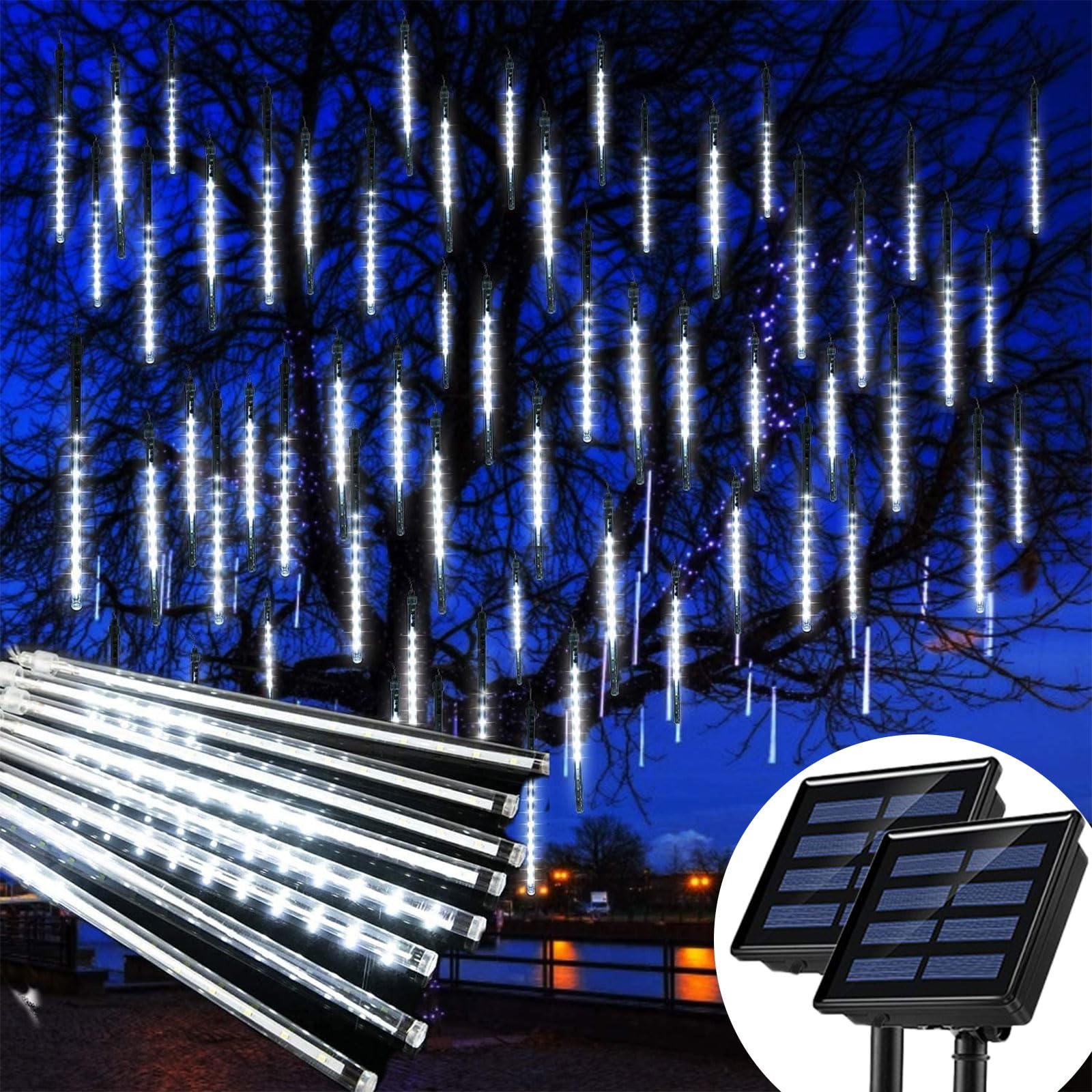 

[2 шт., 10 трубок, 30 см] Солнечные огни метеоритного дождя, Белые светодиоды, Уличные, Водонепроницаемые, Рождественское украшение, Гирлянда для дерева, Садовый свет, Новогодние,