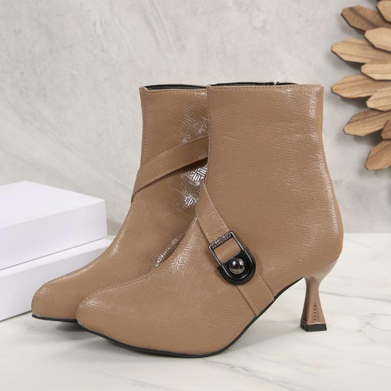 Winter New Metal Buckle Decorative Stiletto High Heels Fashion Boots Side Zipper Anti slip Wear resistant High Heels