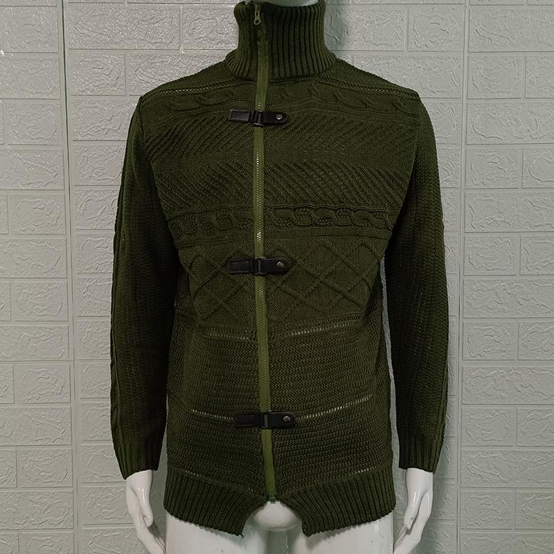 2025 Autumn/Winter Men's Plus Size High Neck Sweater Cardigan with Leather Buckle - European & American Style Long Sleeve Knit Coat