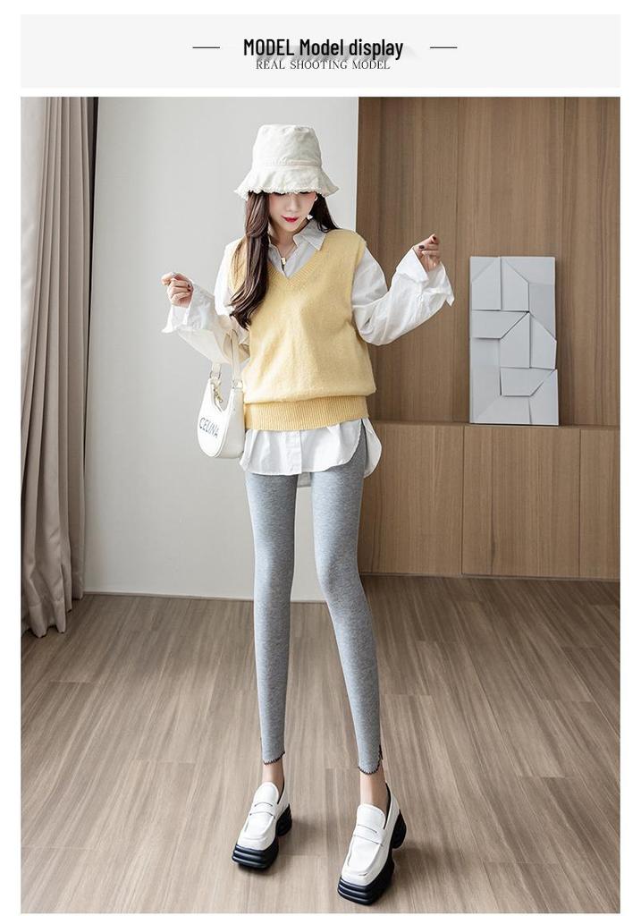 Women's Gray Slimming Elastic Cotton Pants - Nine-Point Length, Tummy Control, Skinny Leg, Suitable for Outdoor Wear.