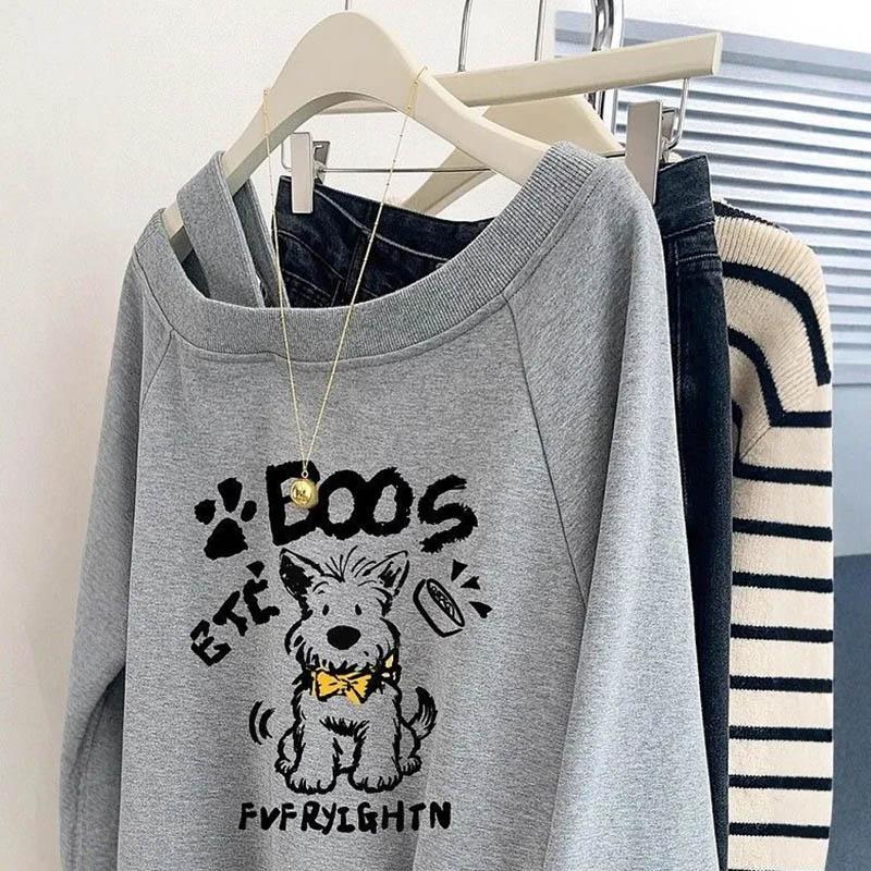Sweatshirt for Women Cotton Oversize American-Style Off-Shoulder Loose Casual Pullover Long Sleeve Top Sweatshirt