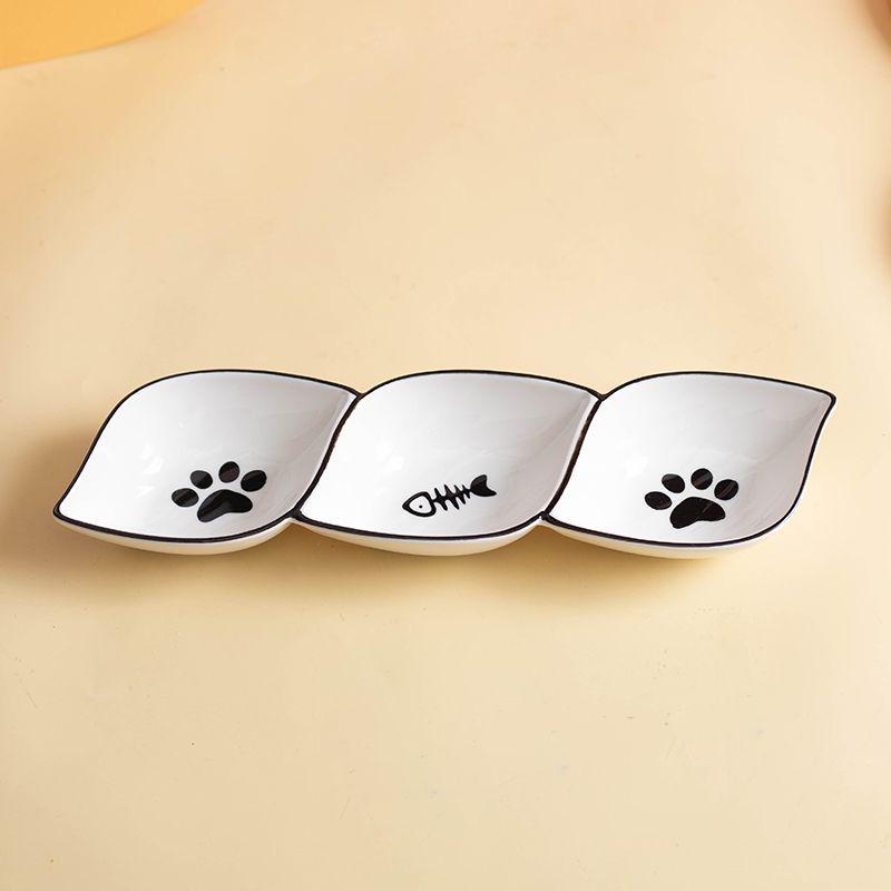 3-Compartment Ceramic Cat Feeding Bowl Black Three-Compartment Diamond Bowl