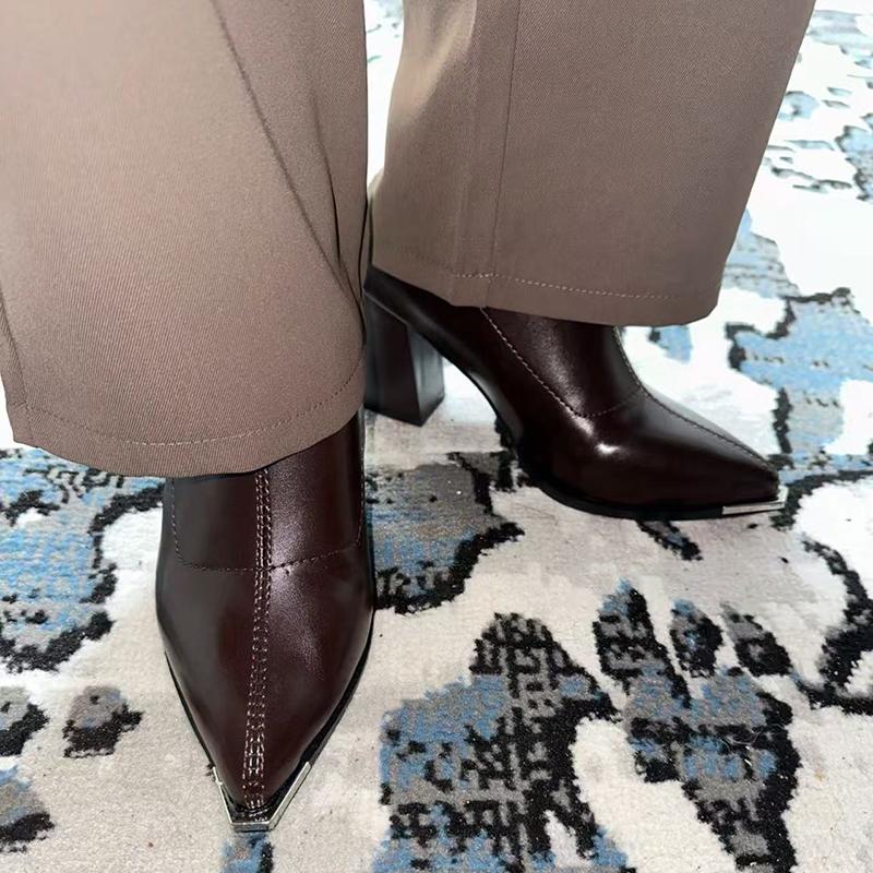 Fashion Brand Pu Black Ankle Boots 2025 Autumn French Retro Pointed Toe High Heel Chelsea Boots Metal Decoration Designer Short Booties