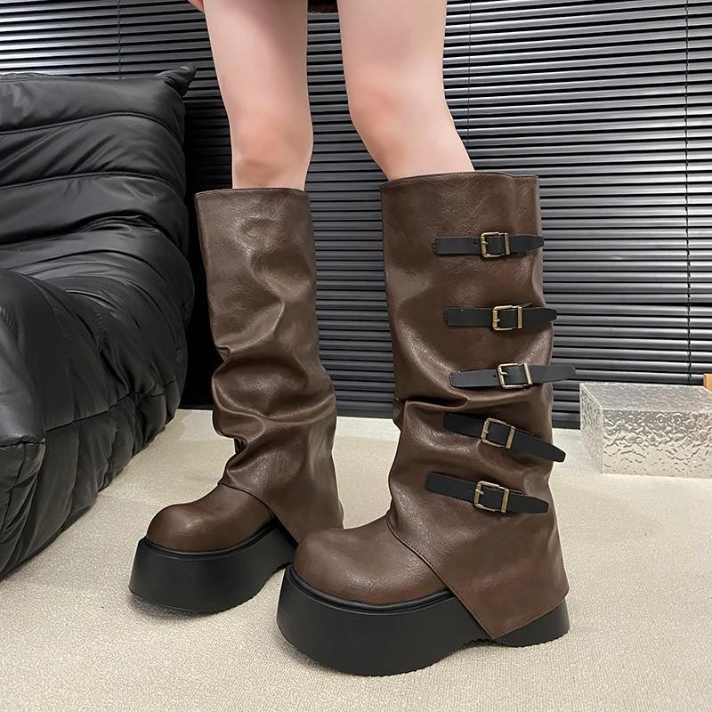 Winter Designer Splicing Round Toe Women Knee High Boots Fashion Platform Thick Heels Shoes  De Mujer