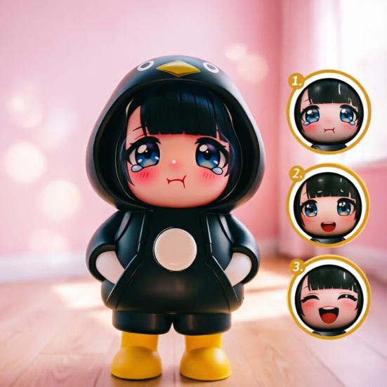 Face Changing Cartoon Girl Toy Stress Relief Penguin Costume Girl Toy with 3 Expressions Keychain Pendant Backpack Purse Charm Party Favors