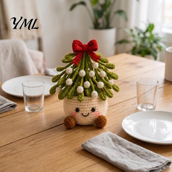 Decorative Yarn Craft for Home Simulated Crochet Christmas Potted Decor, Knitted Mini Artificial Tree Flower Durable Plants Ornament, Cute Festive