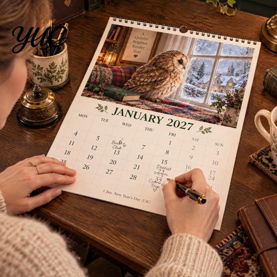 Decorative Wall Hanging for Study 2027 Calendar with Cute Owl Reading Illustrations, Retro Oil Painting Style Monthly Schedule Organizer Home Planner