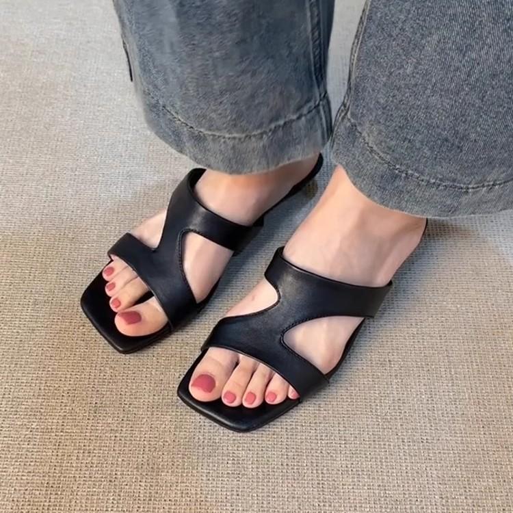 Foreign Trade Version~ Versatile Black Niche Z-shaped with Open-toed Cool Slippers Women's Summer Minimalist Soft Leather Comfortable High-heeled Sand