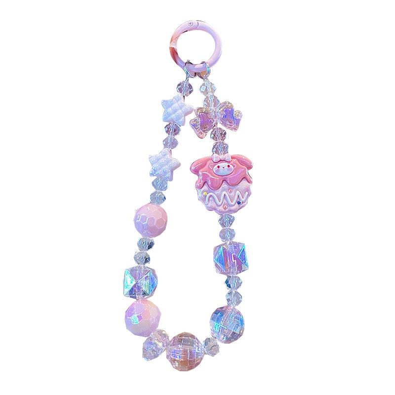 Kawaii Sanrio Hello Kitty Phone Chain W/Card Kuromi Cinnamoroll My Melody Beads Keychain Bowknot Anti-Lost Wrist Strap Bag Decor