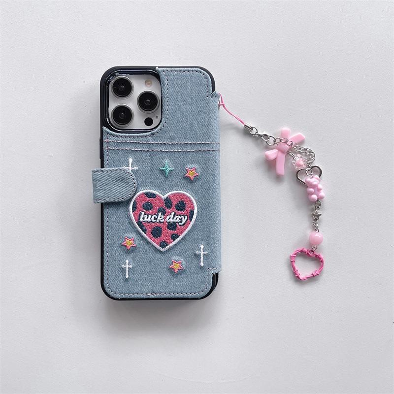 Apple 17promax denim flip phone case iphone16 lanyard love 15 for 14 embroidered protective case