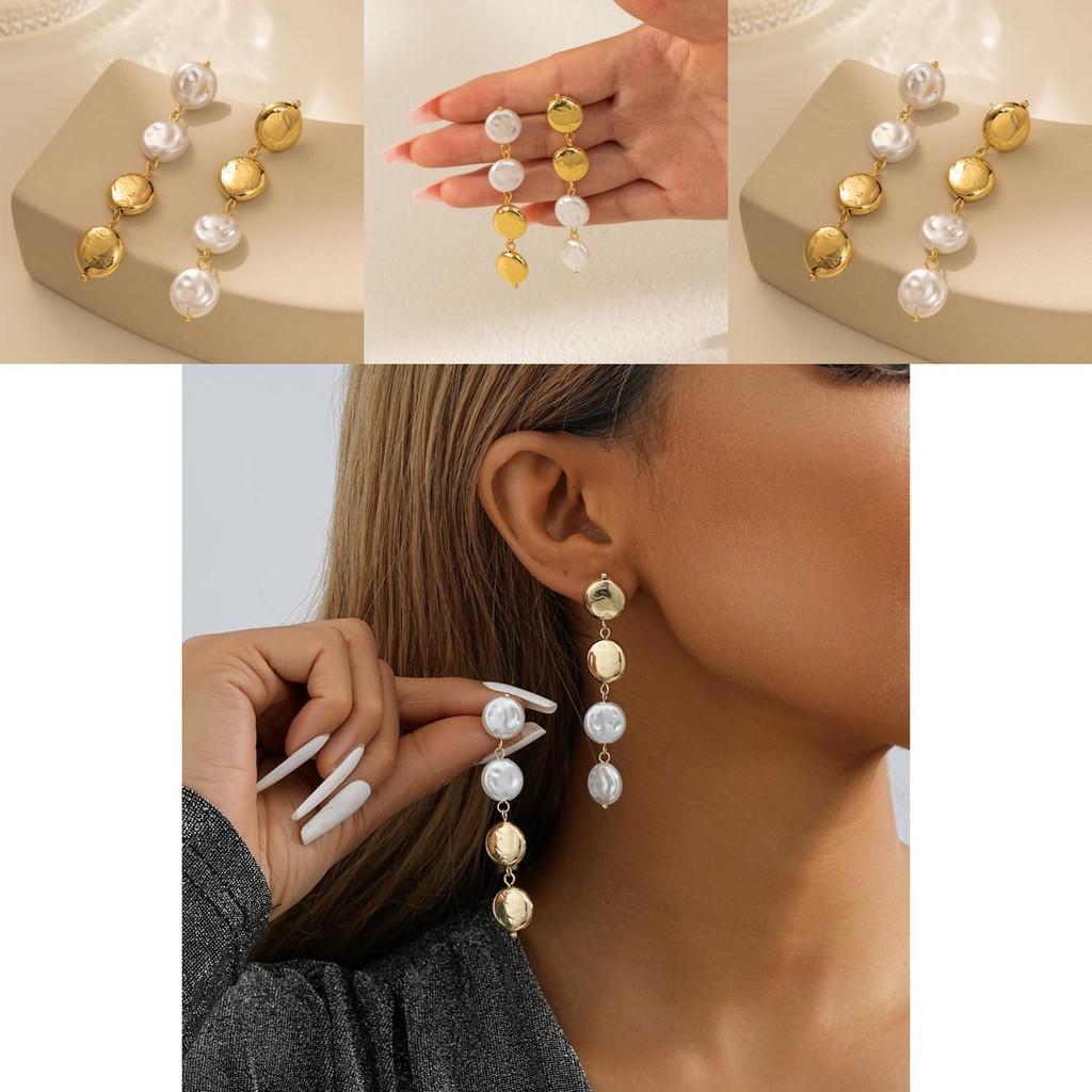 Sophisticated 2023 Gold Geometric Long Pearl Earrings Classy Winter Fashion