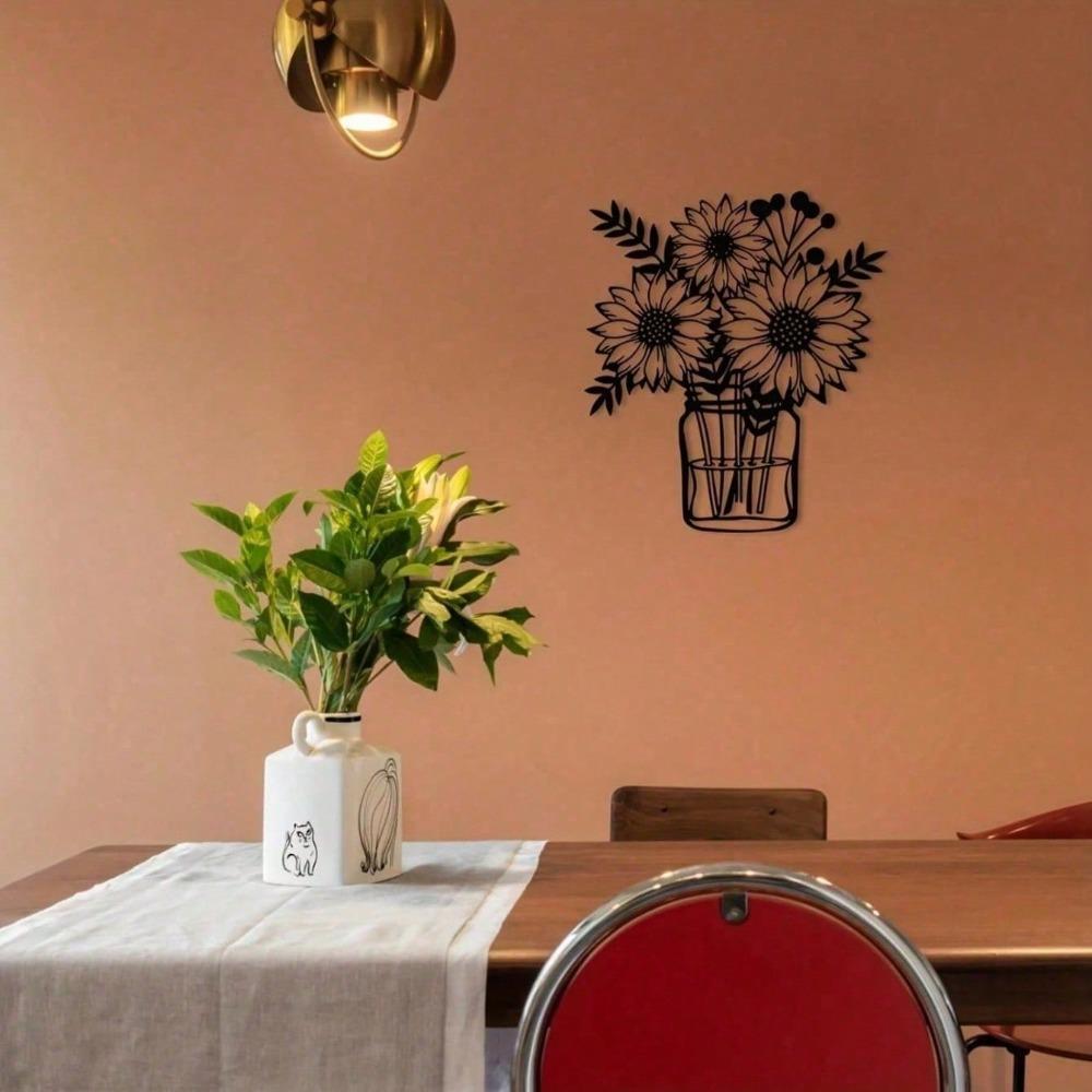 Modern Black Metal Sunflower Lily Wall Vase Set - 3D Floral Sculpture for Living Room, Kitchen Decor, Unique Housewarming Gift