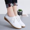 Women's White Lace-up Round Toe Non-slip Genuine Leather Flat Shoes - Casual & Versatile Korean Style