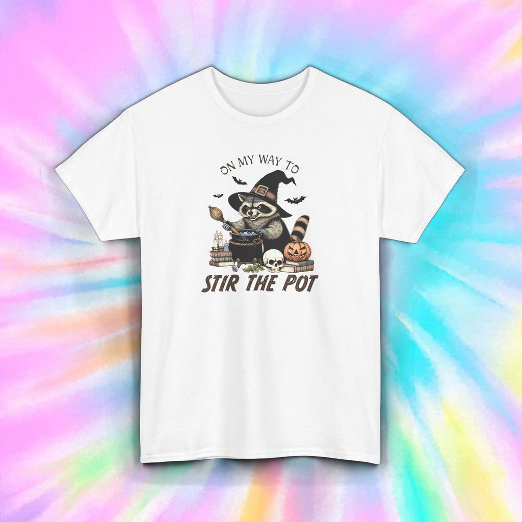 Halloween Witch Raccoon T-Shirt Funny Stir The Pot Spooky Tee S-5XL
