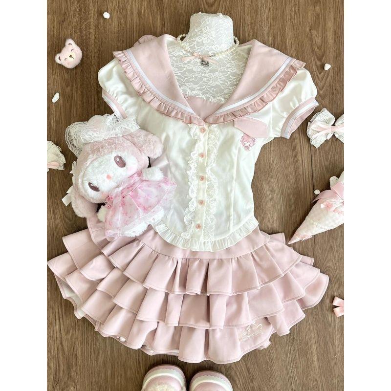 Girls Navy Collar Block Short Sleeve Shirt with Bow Skirt Set for Summer 120