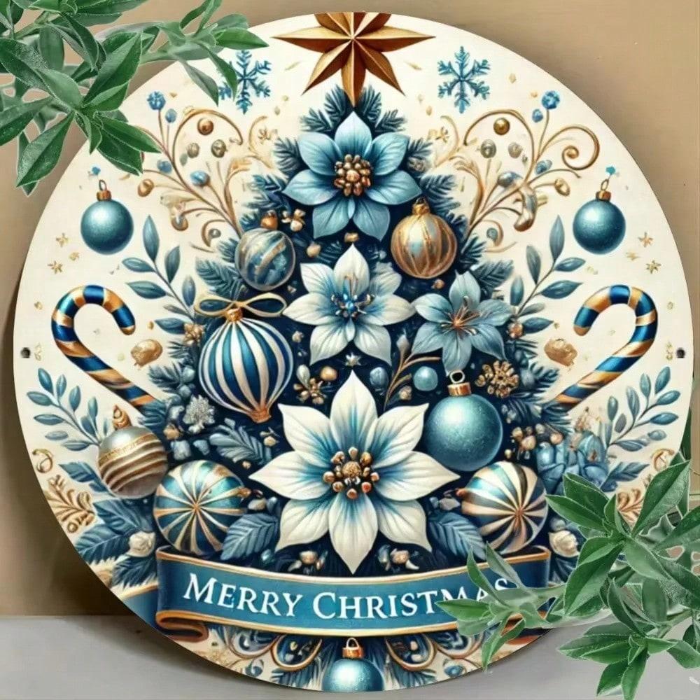 Vintage Blue Christmas Tree Metal Wall Sign Merry Christmas Decor Farmhouse Home Bar Plaque Rustic Holiday Gift